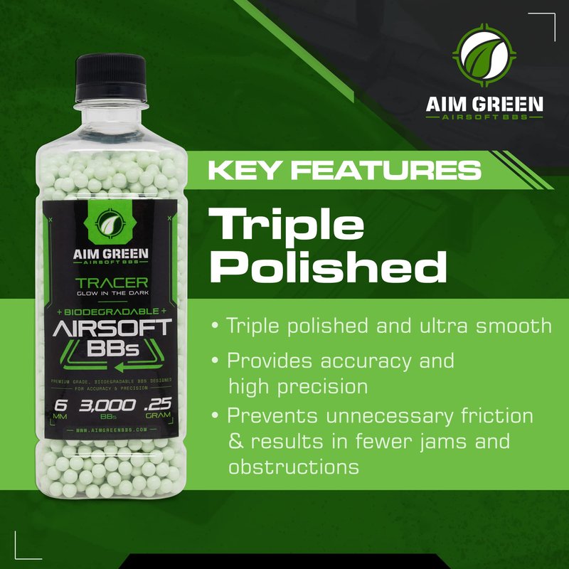 Aim Green Tracer Biodegradable Airsoft BBS, Glow-in-The-Dark BBS, 3,000 Count, .25 Grams