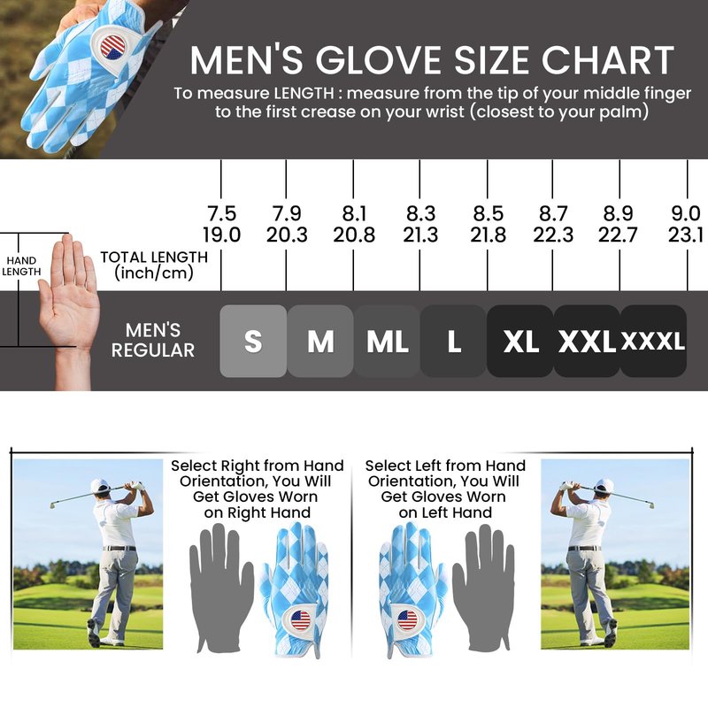 FINGER TEN Golf Gloves Men 1 Pack with Ball Marker for Left Hand Right, Stylish Patterns & Breathable Design for Comfortable All-Weather Grip, Golf Glove Sizes S M ML L XL (Blue Plaid, Large, Right)