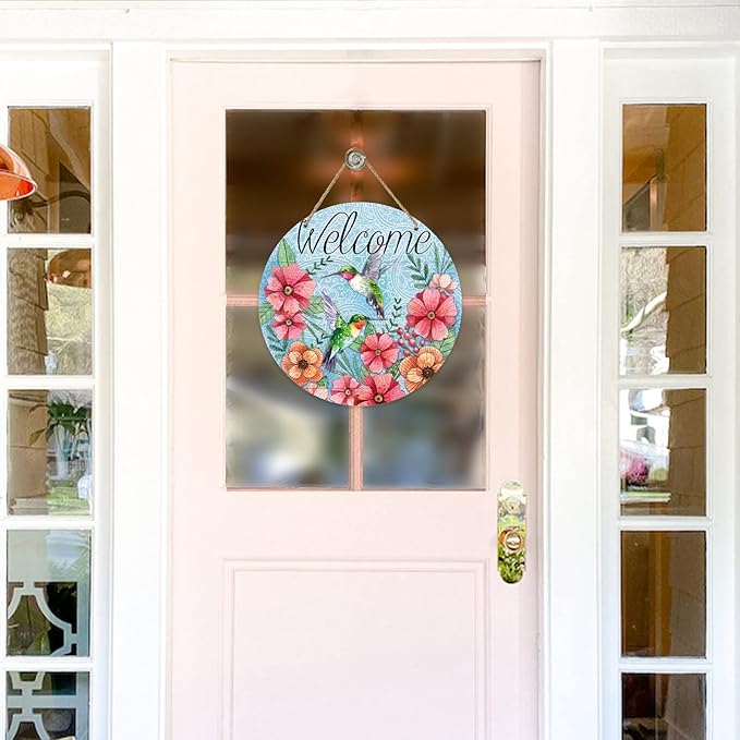 Deroro Welcome Spring Hummingbird Birds Sign for Front Door Decor, Floral Flowers Wood Door Hanger for Outdoor Outside Porch, Seasonal Summer Farmhouse Wooden Wreath Indoor Wall Hanging Decoration
