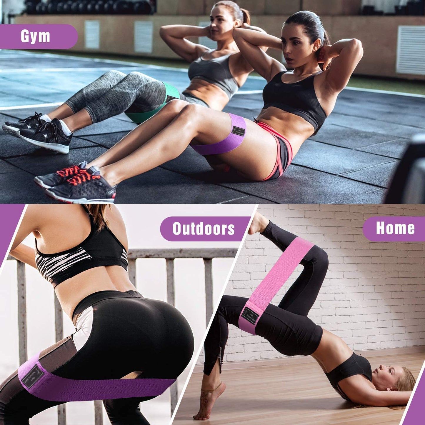 Fabric Resistance Bands Set for Legs and Butt, Non-Slip Stretch Fitness Exercise Workout Loop Booty Hip Band for Women at Home or Gym - Green, Pink, Purple