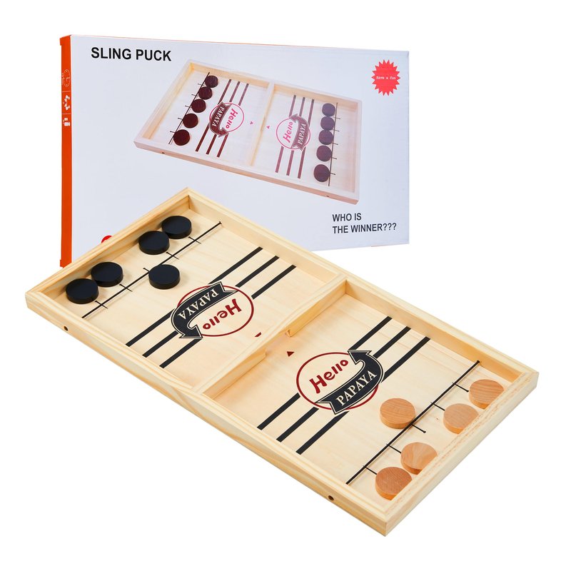 HELLO PAPAYA Fast Sling Puck Game - Test Your Speed and Accuracy with This Fast-Paced Wooden Air Hockey Desktop Battle Board Game - Guaranteed Fun Gifts for Family Night or Friends Party