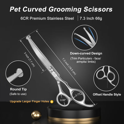 CIICII Dog Grooming Scissors Kit, 10-In-1 Professional Pet Grooming Scissors Set with Safety Round Tip (Dogs/Cat Hair Cutting Trimming Thinning Shears with Curved Scissors) for DIY Home Salon (Silver)