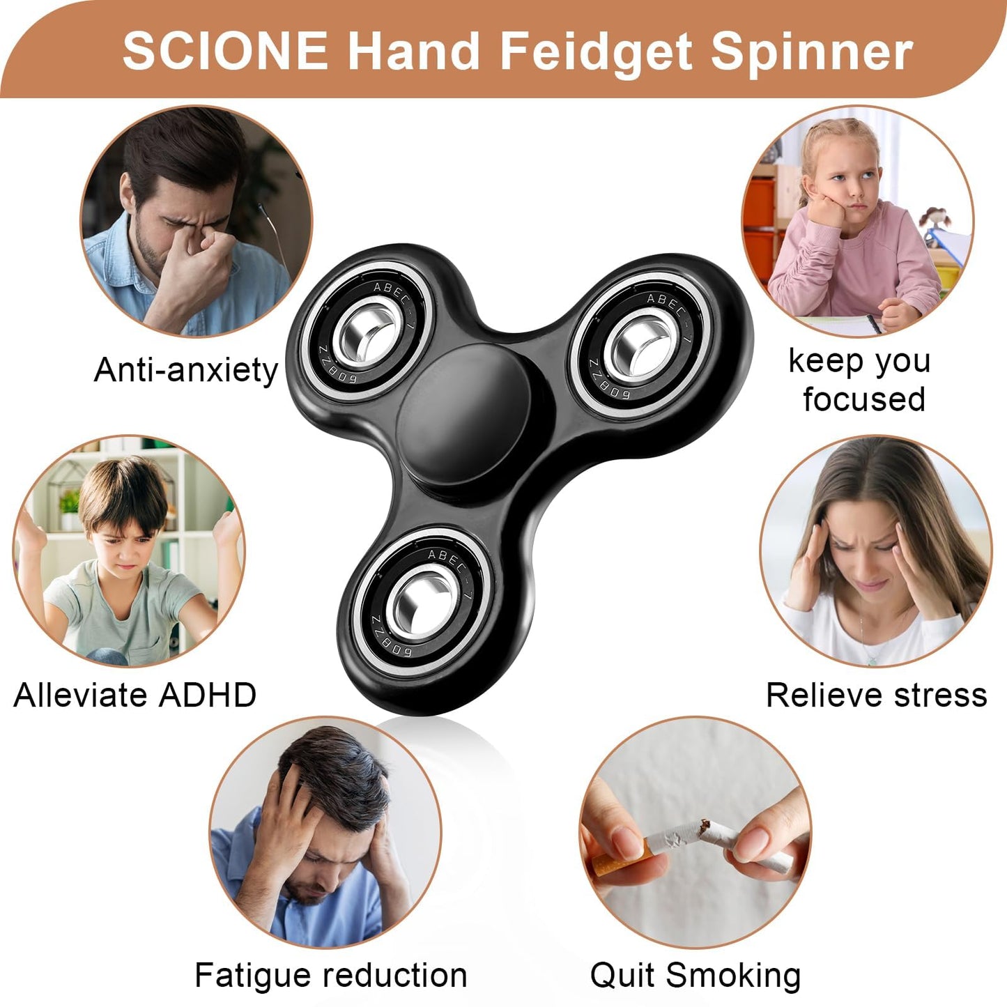 SCIONE Fidget Spinner Sensory Hand Fidget Toy Anxiety Stress Relief Party Bag Fillers for Kids Adults Goodie Bag Stuffers (Black)