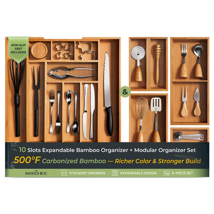 Carbonized Bamboo Kitchen Drawer Organizer, 8 Slots Silverware Organizer, Utensil Holder & Cutlery Tray, 2.2" Deep for Extra Capacity, Non-Slip Feet Included