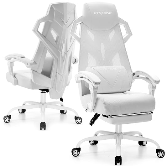 GTRACING Gaming Chair, Computer Chair with Mesh Back, Ergonomic Gaming Chair with Footrest, Reclining Game Chair with Adjustable Headrest and Lumbar Support for Gaming and Office (White)