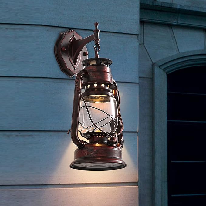 Rustic Wall Sconce Lantern Light, Vintage Wall Light Fixture with E26 Base,with Glass Shade, Waterproof Wall Mounted Lighting Fixture with Frosted Shade for Porch Garage Room W7 x H15