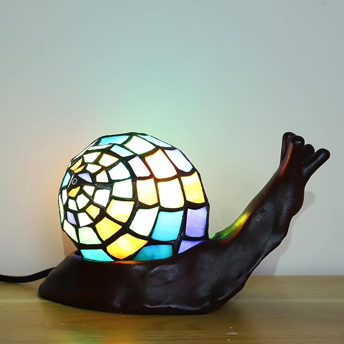 Tiffany Style Colorful Snail Accent Table Lamp Handmade Stained Glass Shade Night Light for Kids with 3 Color Temperatures LED Bulb - Ideal Gift for Home Decor(8" D x 5" W x 5" H)