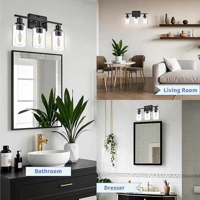 Bathroom Vanity Light,3-Light Modern Black Bathroom Light Fixtures with Clear Glass Shade,Wall Lamps for Living Room,Bath Vintage Wall Mounted Lights for Mirror,Bedroom