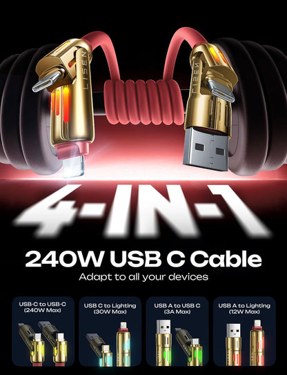 LISEN USB C to Lightning Cable, 240W 4 in 1 Charging Cable 6.6FT, Chubby USB A/C to C/Lightning with Light for iPhone Air 17 16 15 14 Pro/MacBook/iPad/Samsung/Switch 2, Multi Chargers for All Devices