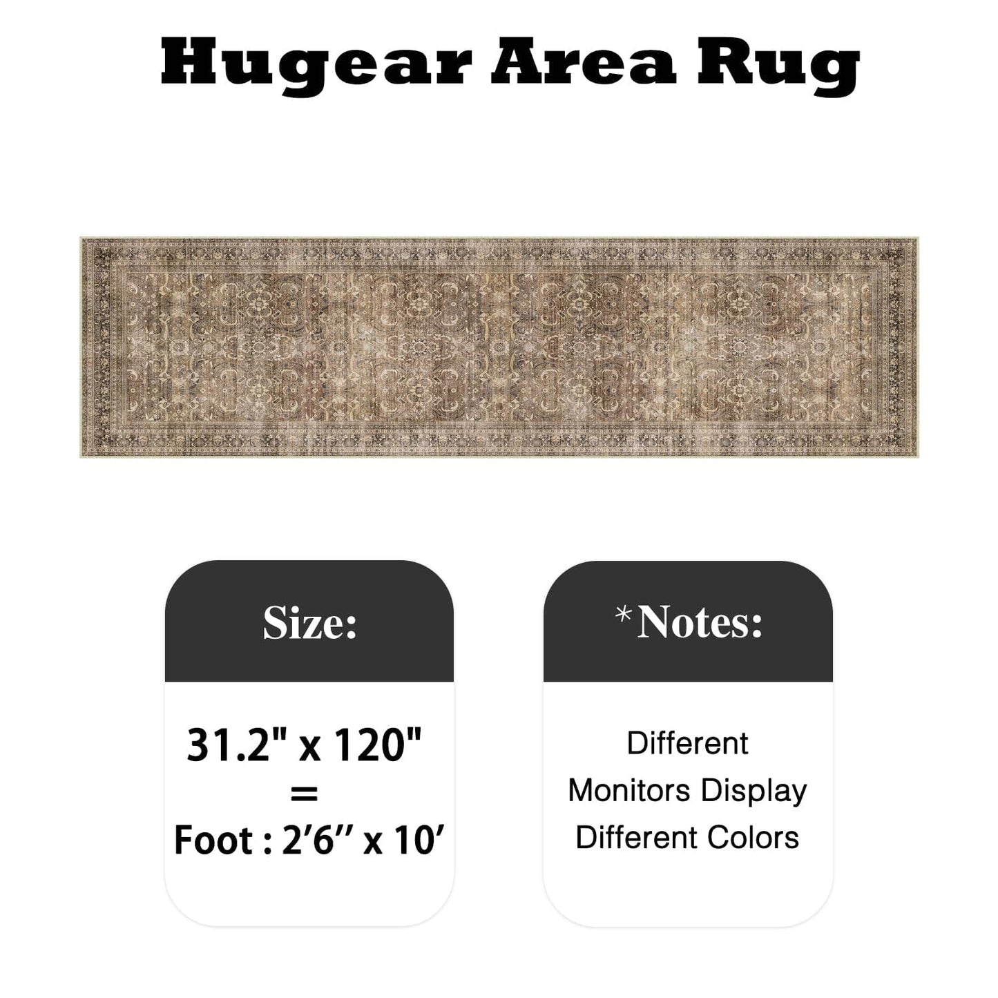 HUGEAR 2'6''x10' Runner Rug Hallway Vintage Brown Machine Washable Retro Floral Low Pile Carpet Distressed Long Throw Rug Bedroom Kitchen Laundry Non Slip Soft Lightweight