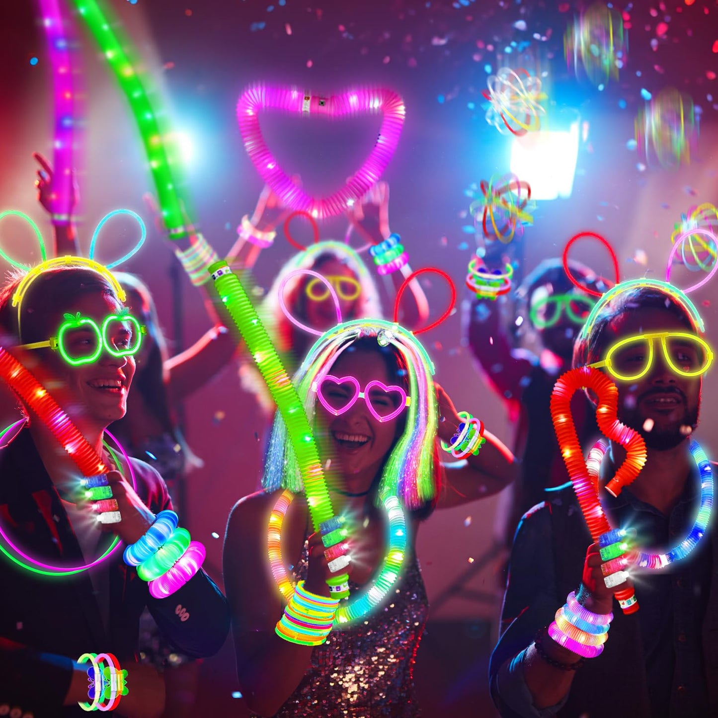 SHQDD Glow in the Dark Party Favors for Adults Kids, 27 Carnival Accessories, 56 LED Light Up Toys Bulk, 100 Glow Sticks Party Pack, Neon Party Supplies & Decorations