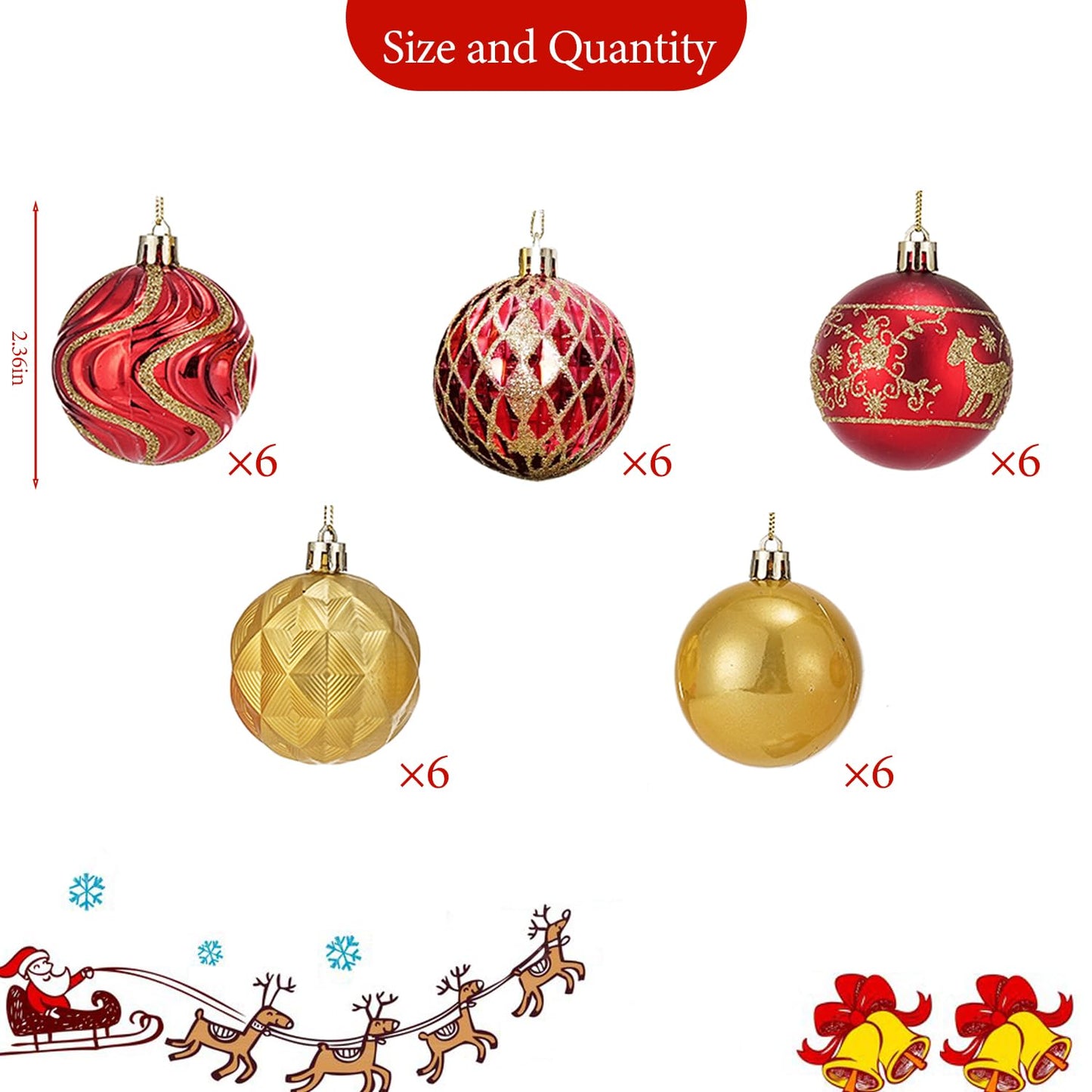 30ct Christmas Ball Ornaments Shatterproof Christmas Hanging Tree Decorative Balls for Party Holiday Wedding Decor Red Gold, 2.36", 60mm