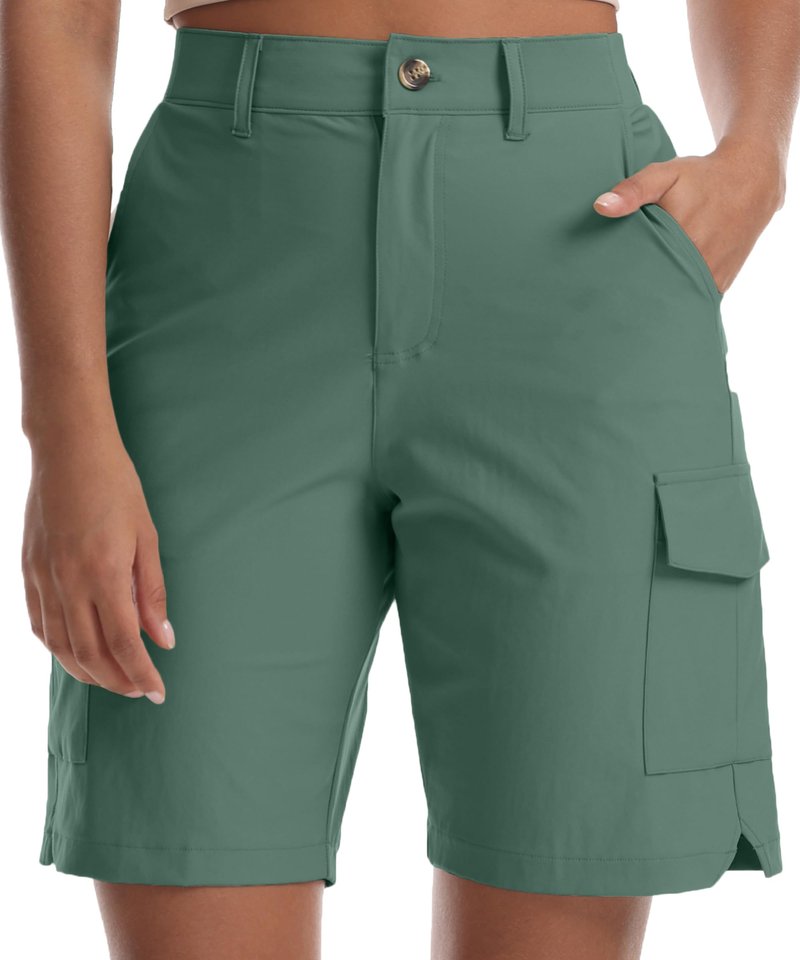 Kcutteyg Women's Lightweight Hiking Cargo Shorts with Pockets-8" Inseam Water Resistant Athletic Shorts for Golf Camping Casual(Grey Green, X-Large)