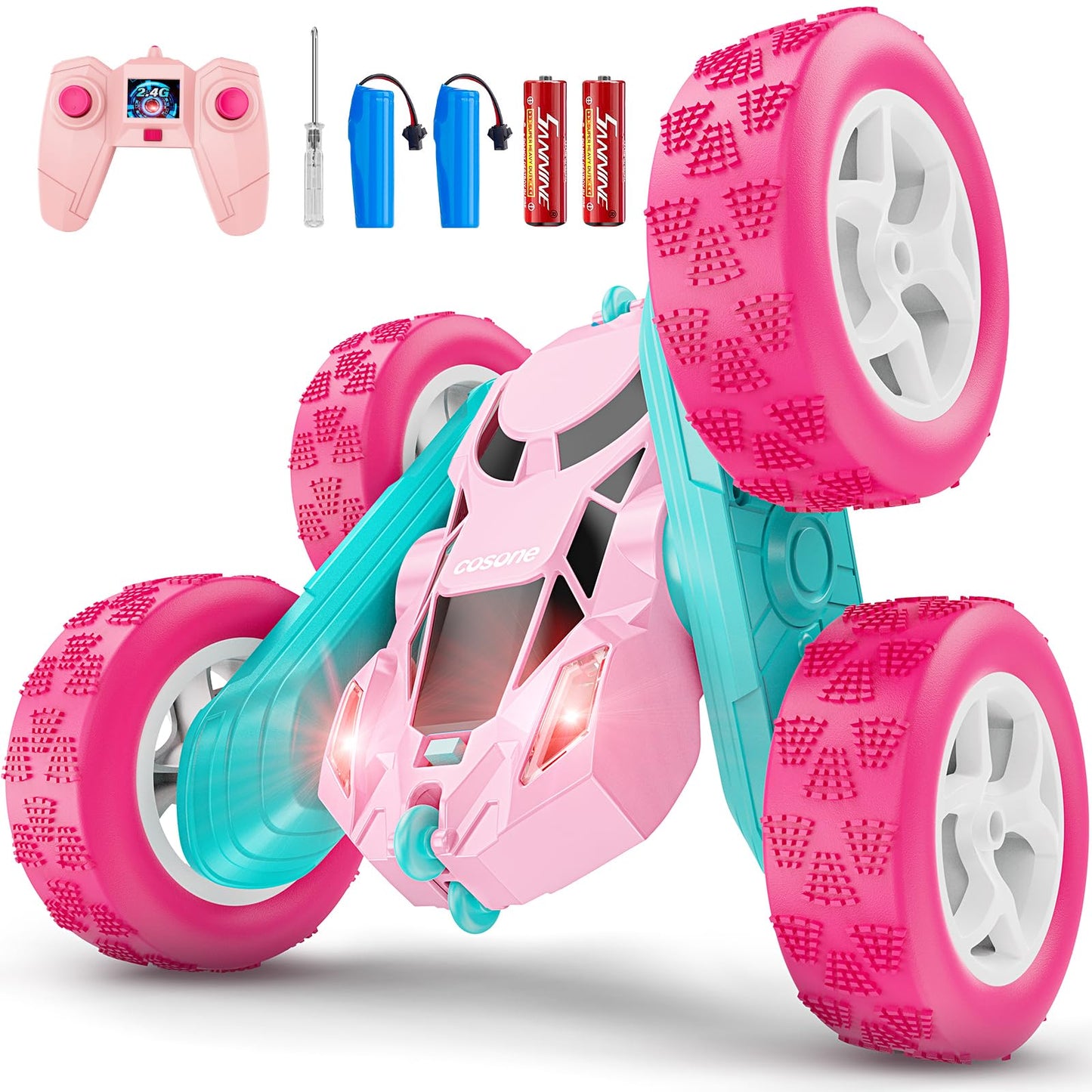 cosone Pink Remote Control Car for Girls, RC Stunt Car Double Sided 360°Flip with Headlights, All Terrain Tires, Rechargeable Batteries Toy Car for 6 7 8 9 10 11 12 Girls Birthday
