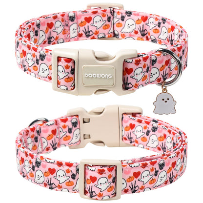DOGWONG Halloween Dog Collar, Pink Halloween Dog Collar Adjustable Soft Cute Ghost Girl Pet Dog Collars Cute Puppy Necklace for Small Medium Large Dogs