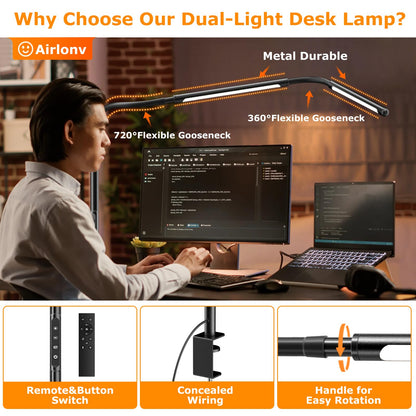 LED Desk Lamp for Office Home, Eye-Caring Desk Light with Stepless Dimming Adjustable Flexible Gooseneck, 10W USB Adapter Desk Lamp with Clamp for Reading, Study, Workbench (Black)