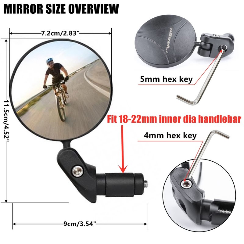 RYANGO Bike Mirror, Bar End Bicycle Mirror 2 Pack, Adjustable Bike Rear View Mirrors for Handlebar End, Acrylic Convex Round HD Bicycle Rearview Mirrors for Road Bike Mountain Bike