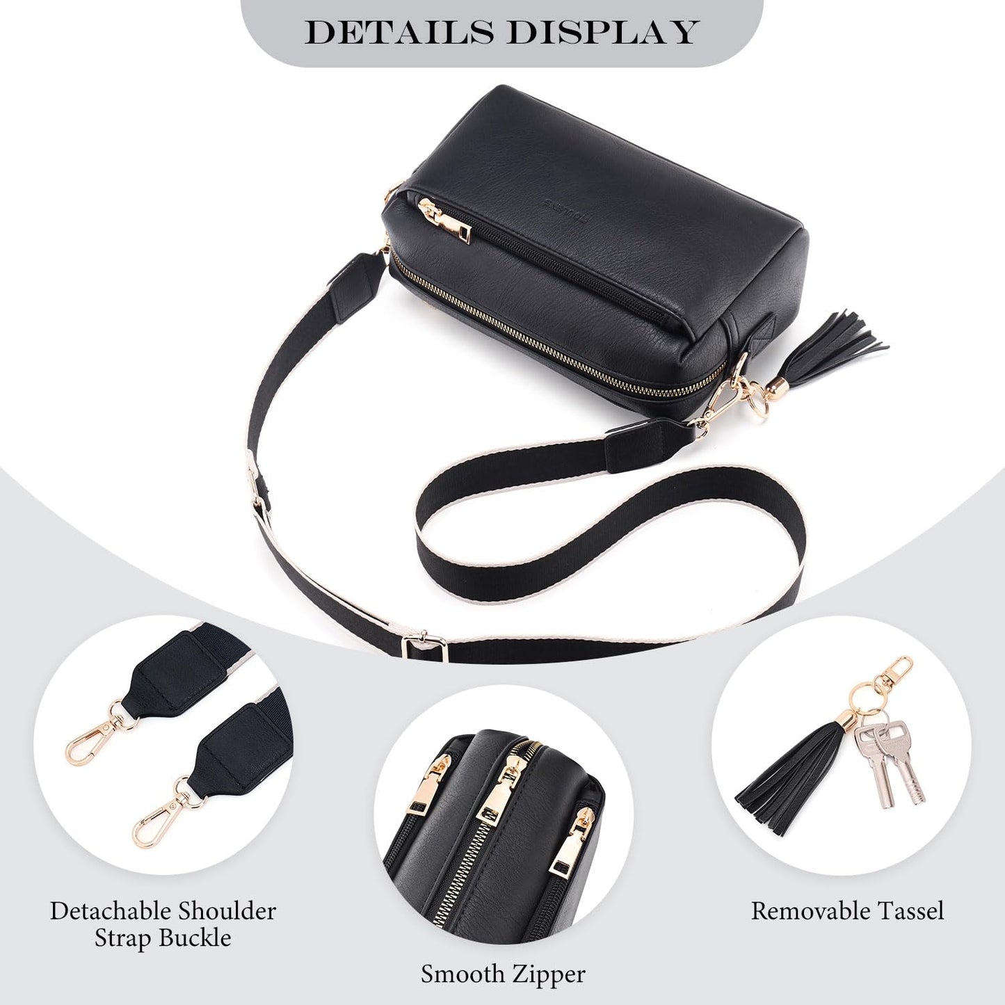 Roulens Small Crossbody Bag with 3 Zip Compartments,Vegan Leather Phone Bag for Women,Shoulder Bag with Adjustable and Removable Wide Strap
