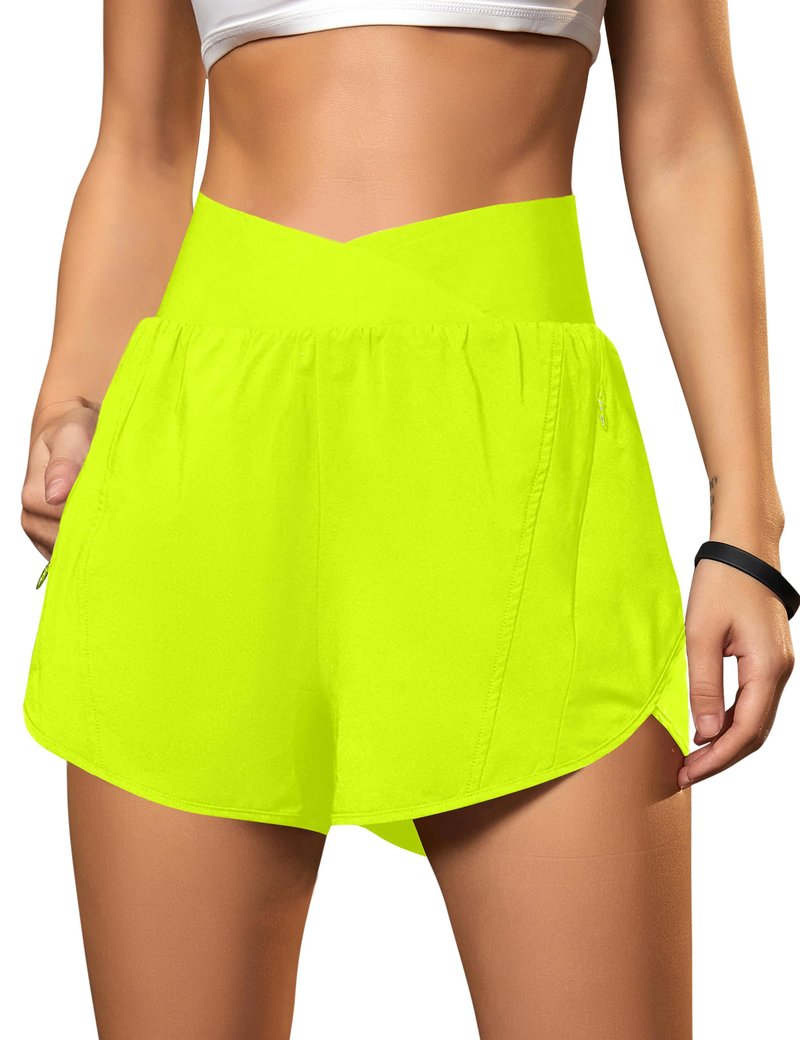 Blooming Jelly Women's Workout Shorts Athletic Running Crossover High Waisted Gym Sport Yoga Shorts with Zipper Pockets (Neon Green,Small)