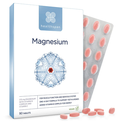 Healthspan Magnesium 375mg | Everyday Support for Muscles & Nervous System | Added B Vitamins Complex | Added Benefits for Your Bones, Teeth & Energy Levels | Vegan (90 Tablets)