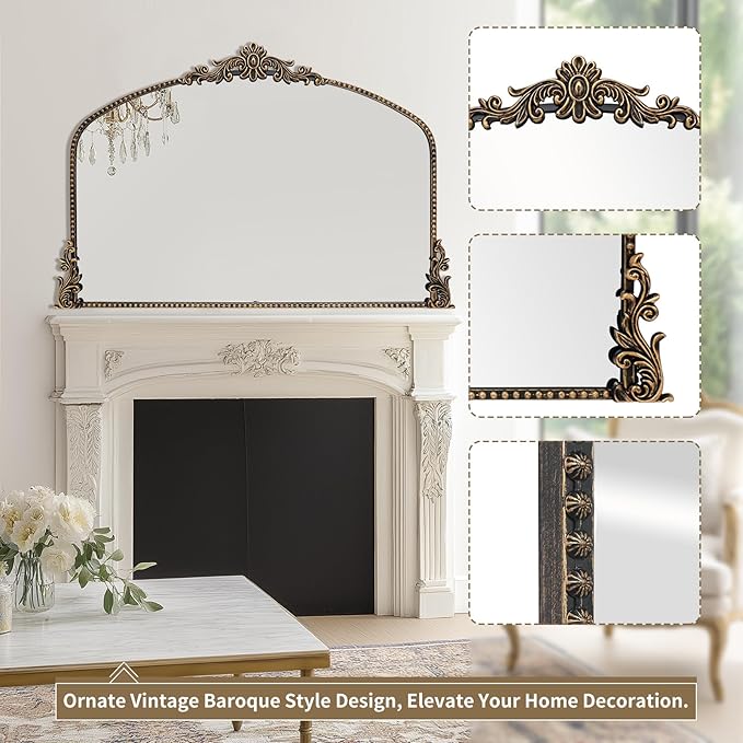 Growsun Vintage Black Arched Mirror, 40’’x30’’ Antique Baroque Ornate Wall Mirror Decor with Full Metal Frame for Fireplace/Entryway/Living Room/Bathroom