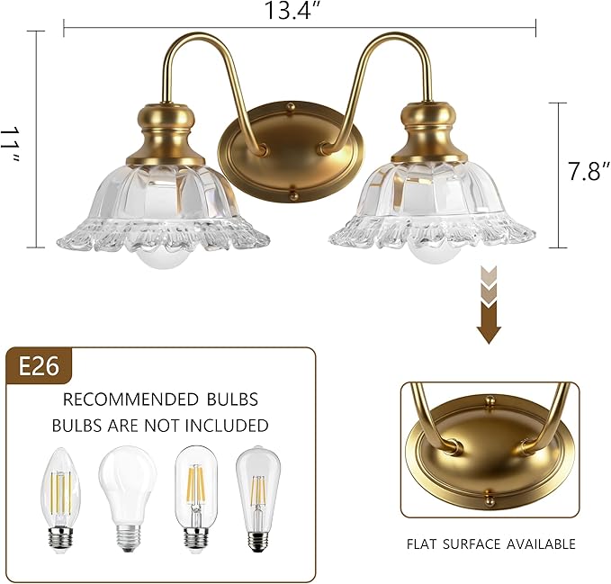 2-Lights Bathroom Vanity Light Gold Vintage Light Fixtures Matte Antique Flower Floral Brass Crystal Glass Shade Wall Sconces Lighting for Living Room, Bedroom, Hallway（E26 Base）