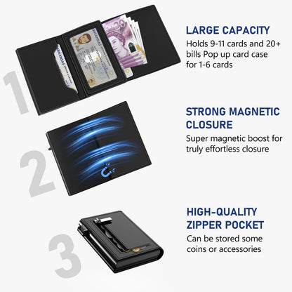 Mens Wallets, Slim Wallets for Men UK, RFID Blocking Aluminum Pop Up Card Case with Coin Pocket, Magnetic Closure & ID Window & Cash Slot, Smart Leather Card Holder Hold up to 11 Cards, Gift Box