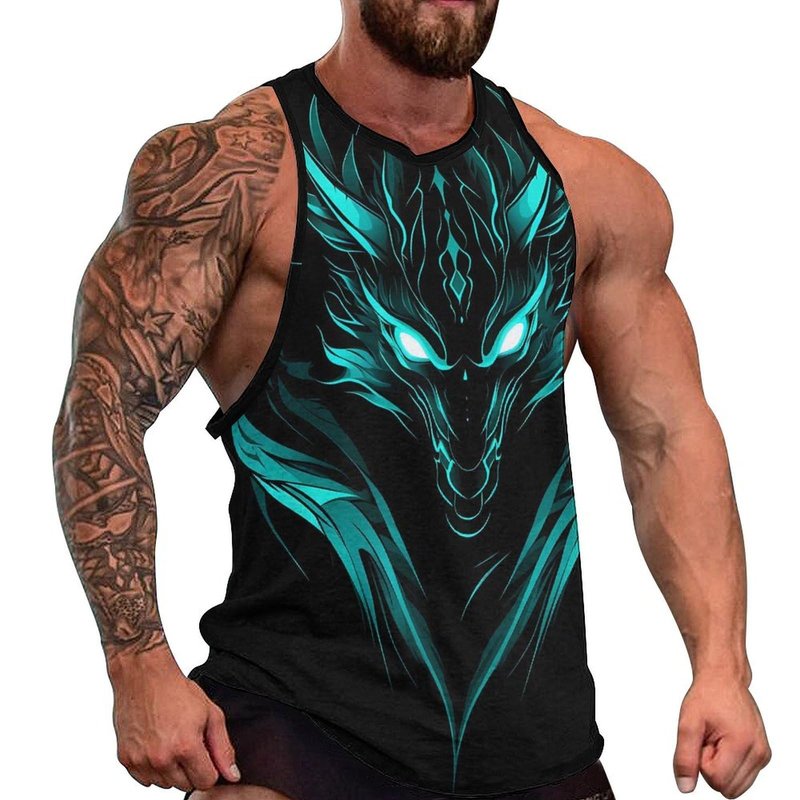 Bodybuilding Tank Tops for Men Dragon Print Crewneck Pullover Loose Fit Sleeveless Shirts Gym Yoga Summer Beach Breathable Lightweight Quick Dry Muscle Cotton Casual Stringer Shirts,S