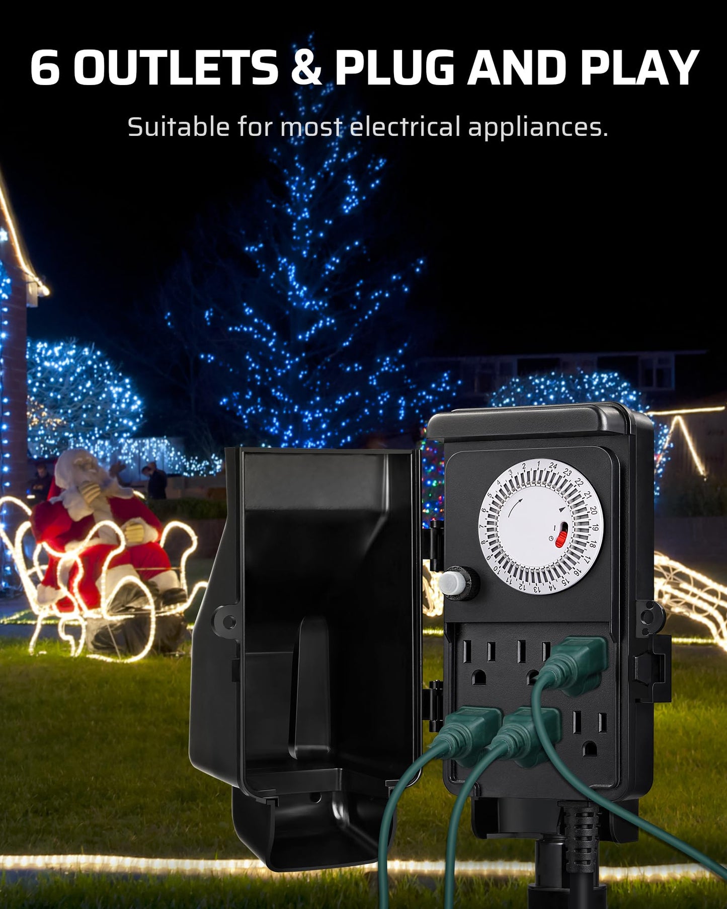 DEWENWILS Outdoor Mechanical Power Strip Timer, 24 Hour Multi Socket, Waterproof 6 Outlet Garden Power Stake, 6 ft Cord, 1800W/15A Heavy Duty, for Lights, Yard, Garden