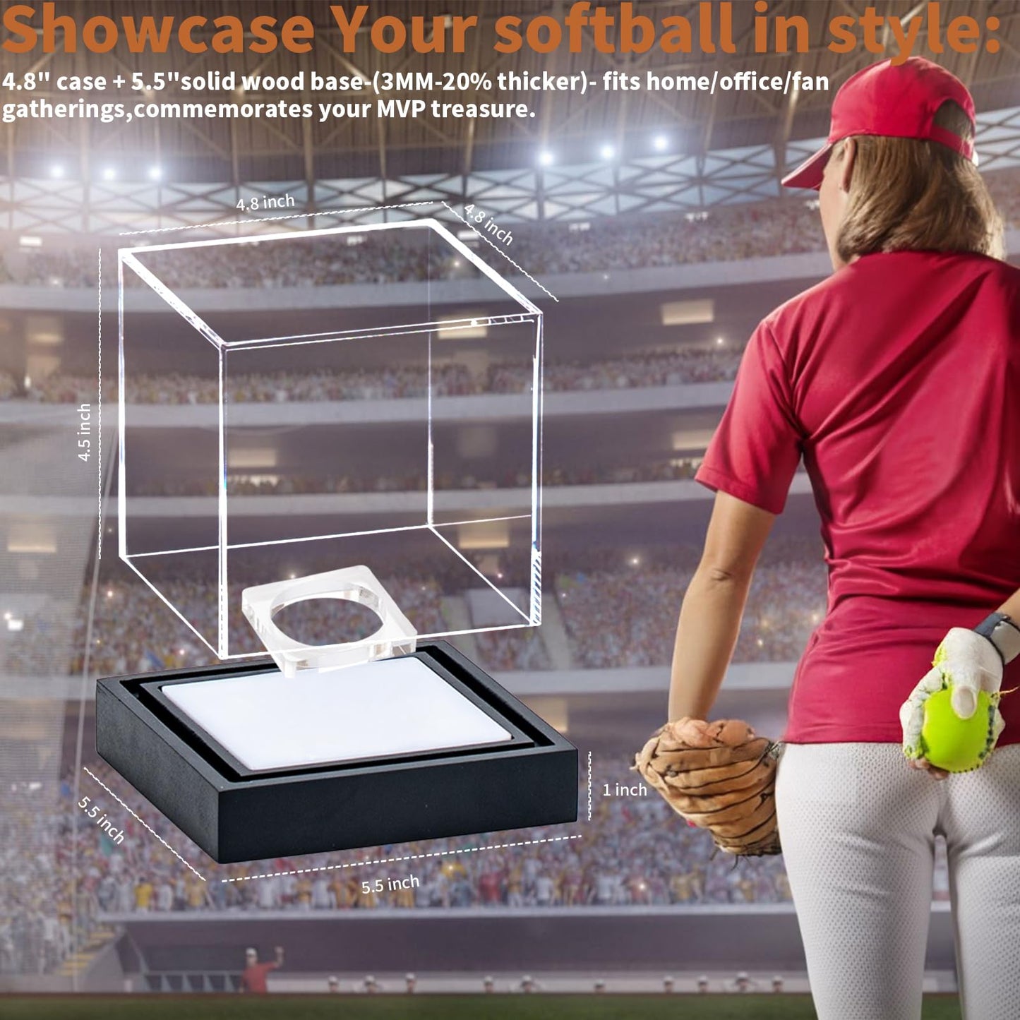 Softball Display Case with LED Light and Solid Wood Base, UV Protected Acrylic Display Box for Memorabilia, Signed Balls Showcase, No Assembly Required