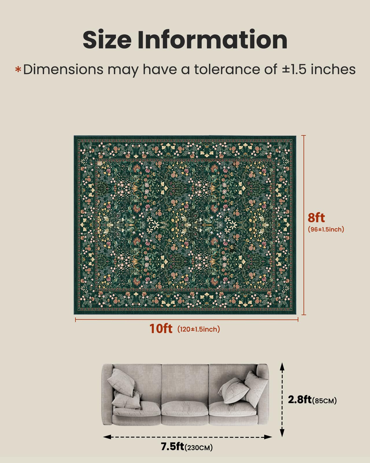 AMADA HOMEFURNISHING 8x10 Washable Area Rugs for Living Room, Non-Slip & Low-Profile Floral Large Area Rug with Durable Edge Binding, Soft Rugs for Living Room, Bedroom, Dining Room