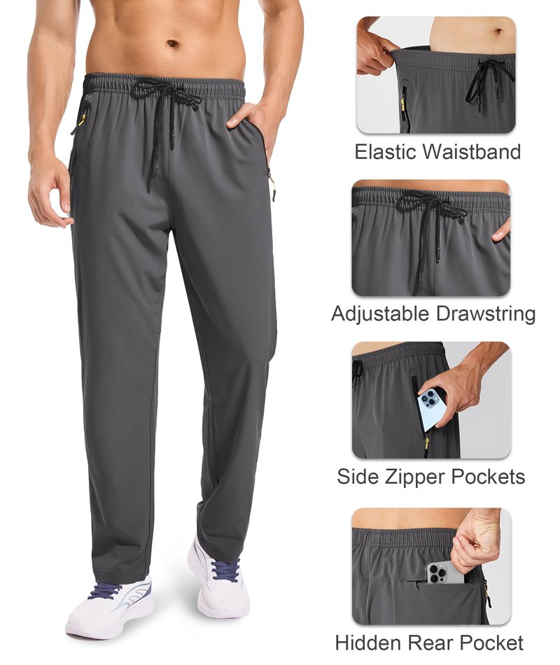 Zoofly Track Athletic Workout Pants for Men Quick-Dry Waterproof Zipper Pockets Lightweight Running Pants for Jogger Sweatpants Travel Casual Drack Grey L