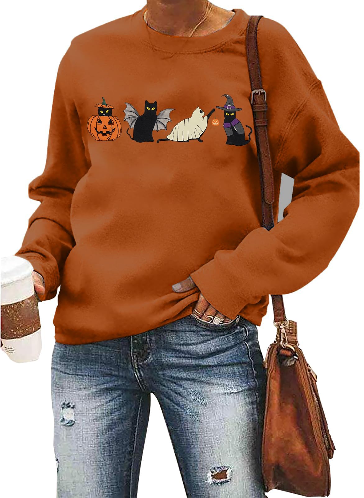 LUKYCILD Halloween Cat Sweatshirt Women Spooky Season Shirts Cute Ghost Cat Pumpkin Tee Halloween Crewneck Pullover Top Brown
