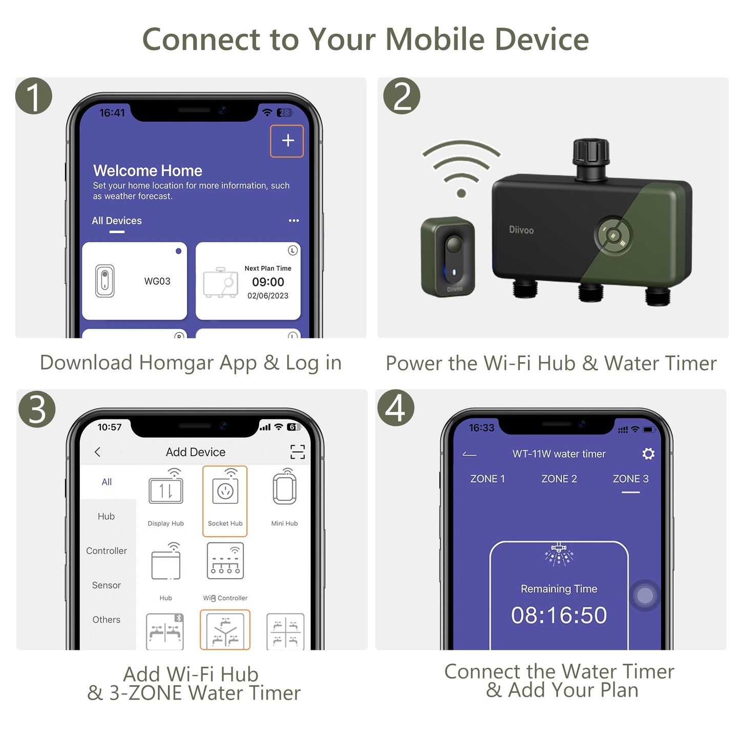 Diivoo WiFi Sprinkler Timer 3 Zone, Smart Water Hose Timer Compatible with Alexa and Google, Remote Control Irrigation, Automatic Manual Watering, Rain Delay, for Garden, Yards and Lawns (2.4Ghz Only)