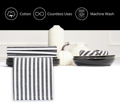 PurpleEssences Plain Striped Cloth Napkins - Set of 12-100% Cotton - 18 x 18 Inch - Fall Thanksgiving Halloween - Perfect Everyday Use Dinner Napkin - Black and White