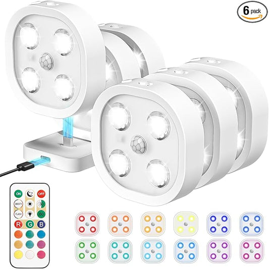6PCS Motion Sensor Step Light, Wireless Rechargeable Puck Lights with Remote, Under Cabinet Lights with 3 Colors&RGB, Magnet Stick on Light for Closet, Hallway, Stairway, Bathroom, Bedroom, Kitchen
