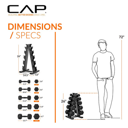 CAP Barbell Rubber Coated Dumbbell Weight Set with Vertical Rack | 100 lb, 150 lb, and 210 lb Options