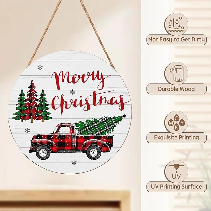 Merry Christmas Door Sign,ChristmasTree Decorations Wooden Holiday Hanging Sign for Front Door, Winter Decorations for Home Garden Christm New Year 12"x12"