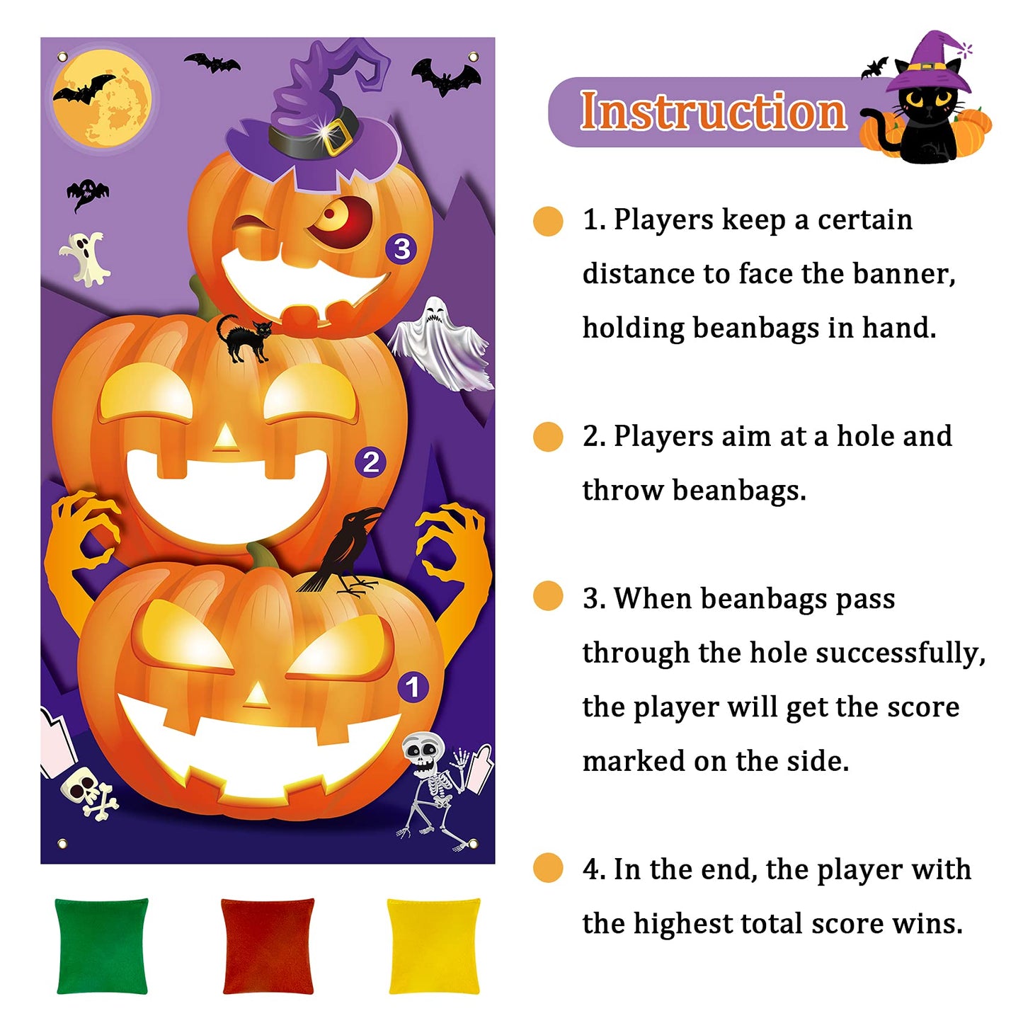 Eunvabir Halloween Party Games for Kids 30'' X 55'', Bean Bag Toss with 3 Bean Bags and Pumpkin Banner, Halloween Carnival Games Teen Adults Indoor Outdoor Fall Festival Carnival Party Decorations