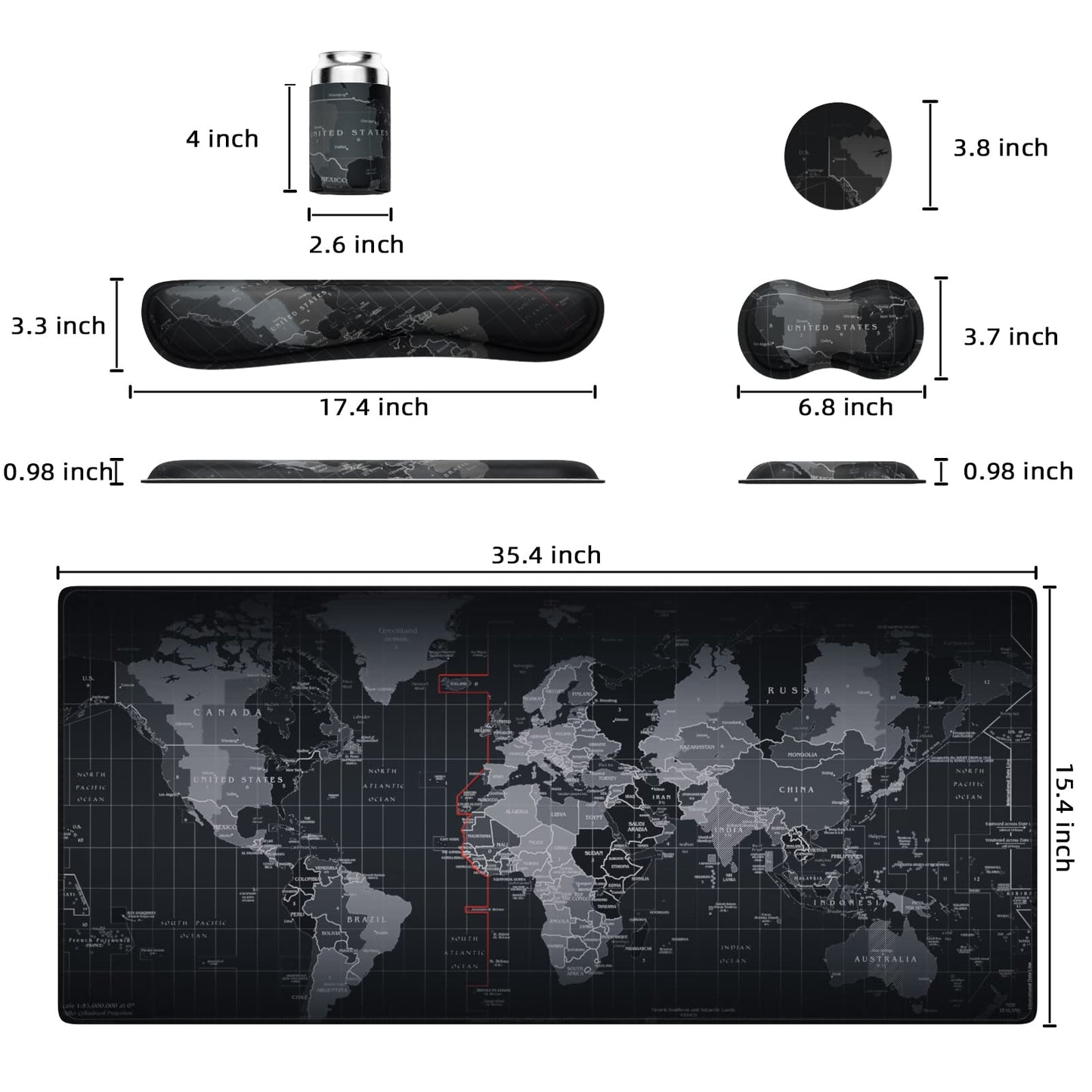 5 in 1 Keyboard Mouse Pad Set, Mouse Pad Wrist Support, Extended Gaming + Keyboard Wrist Rest Support, (34.5×15.7 in) Large Ergonomic Mousepad Desk Mat Combo -Black World Map (1-5 Sets-World Map)