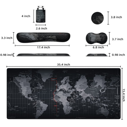 5 in 1 Keyboard Mouse Pad Set, Mouse Pad Wrist Support, Extended Gaming + Keyboard Wrist Rest Support, (34.5×15.7 in) Large Ergonomic Mousepad Desk Mat Combo -Black World Map (1-5 Sets-World Map)