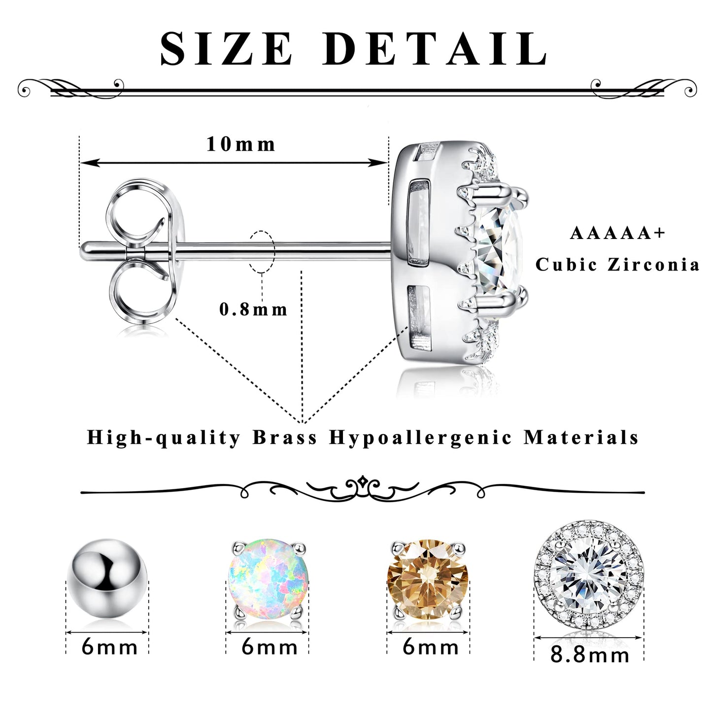 Dochais 4 Pairs Cubic Zirconia Stud Earrings Set 18K Gold Plated Hypoallergenic 4 Prong CZ Earrings for Women Girls Round Opal Ball Stud Tragus Cartilage Ear Jewelry