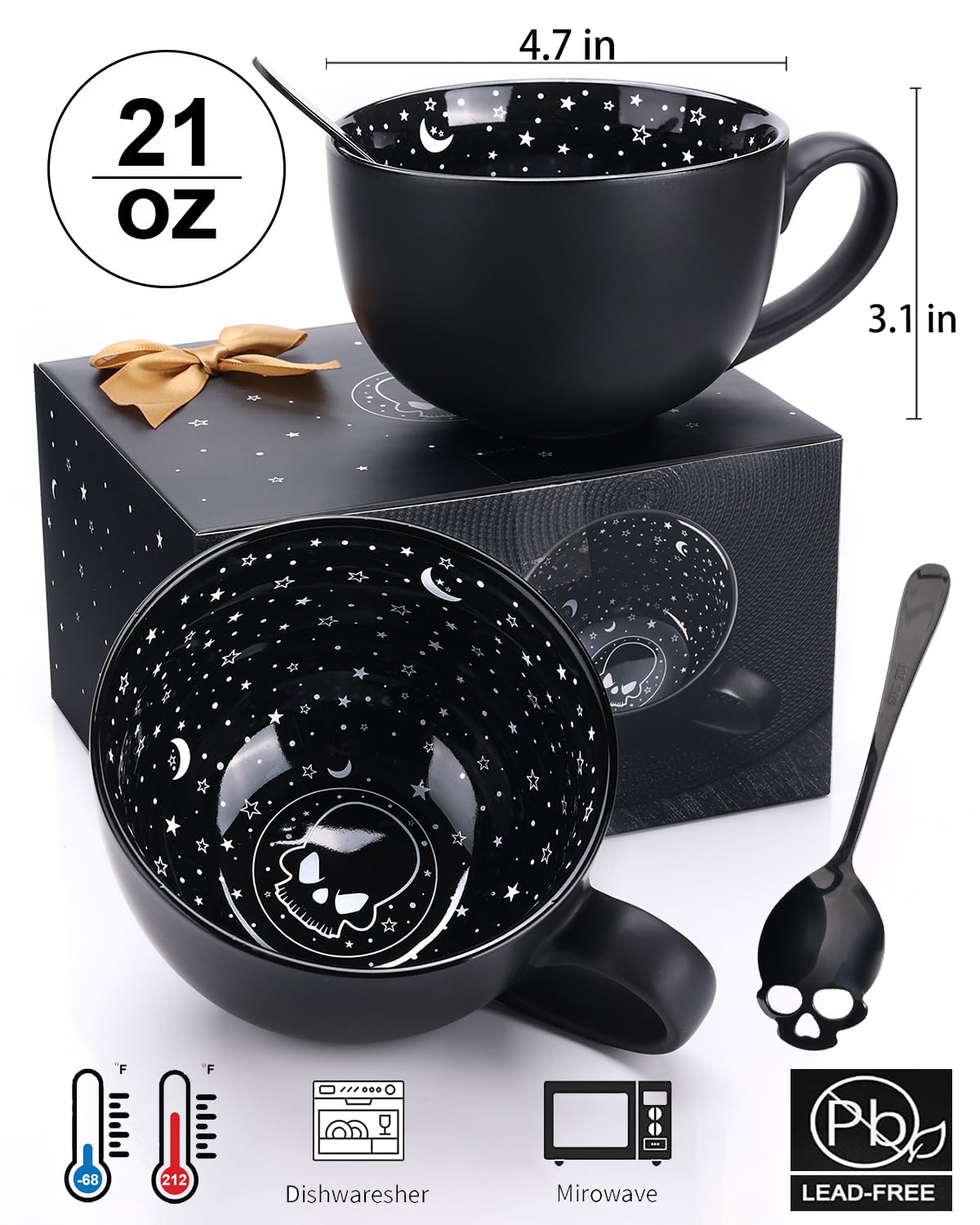 Taruzil Midnight Skull Coffee Mugs with Spoons, Halloween Christmas Birthday White Elephant Gifts for Adult Women Men Friends, Spooky Witchy Gag Fun Gifts Gothis Decor Novelty Tea Cups