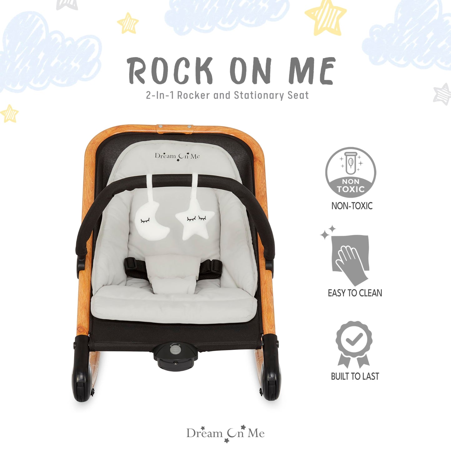 Dream on Me Rock with me 2-in-1 Rocker and Stationary Seat | Compact Portable Infant Rocker with Removable Toys Bar & Hanging Toys in Black & Grey