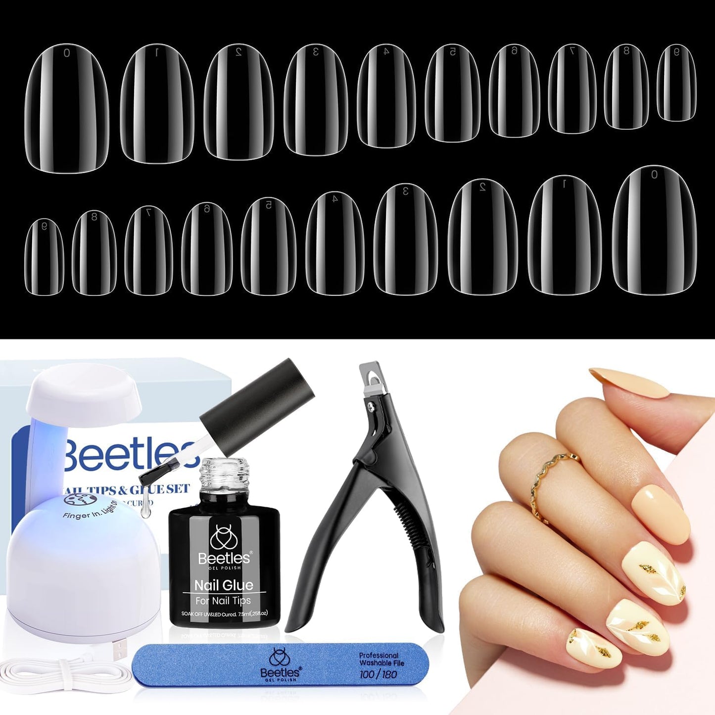 Beetles Gel Nail Extension Kit Almond Shape, Easy 9 in 1 Glue Uv Led Set Etch X Nail Tips Short Almond Half Matte Tips, Gift for Women & Girls, 504 pcs
