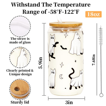 Joyseller Halloween Glass Cup, 18oz Cute Ghost Cat Iced Coffee Can Glass Tumbler with Lid and Straw, Halloween Spooky Gifts for Her Him
