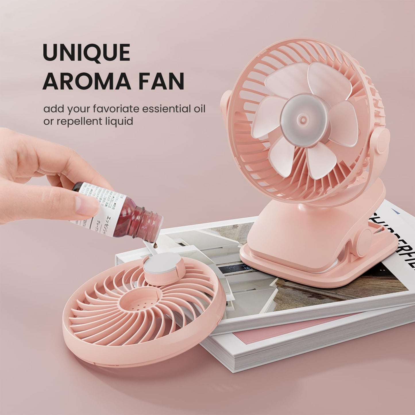AA Battery Operated Clip-On Fan with Aroma, 4 Speeds, 5-inch Small Personal Fans for Baby Stroller, USB Powered, Quiet, 360° Rotation for Desk/Dorm/Camp/Golf Cart, Portable Home/Office/Bed Use