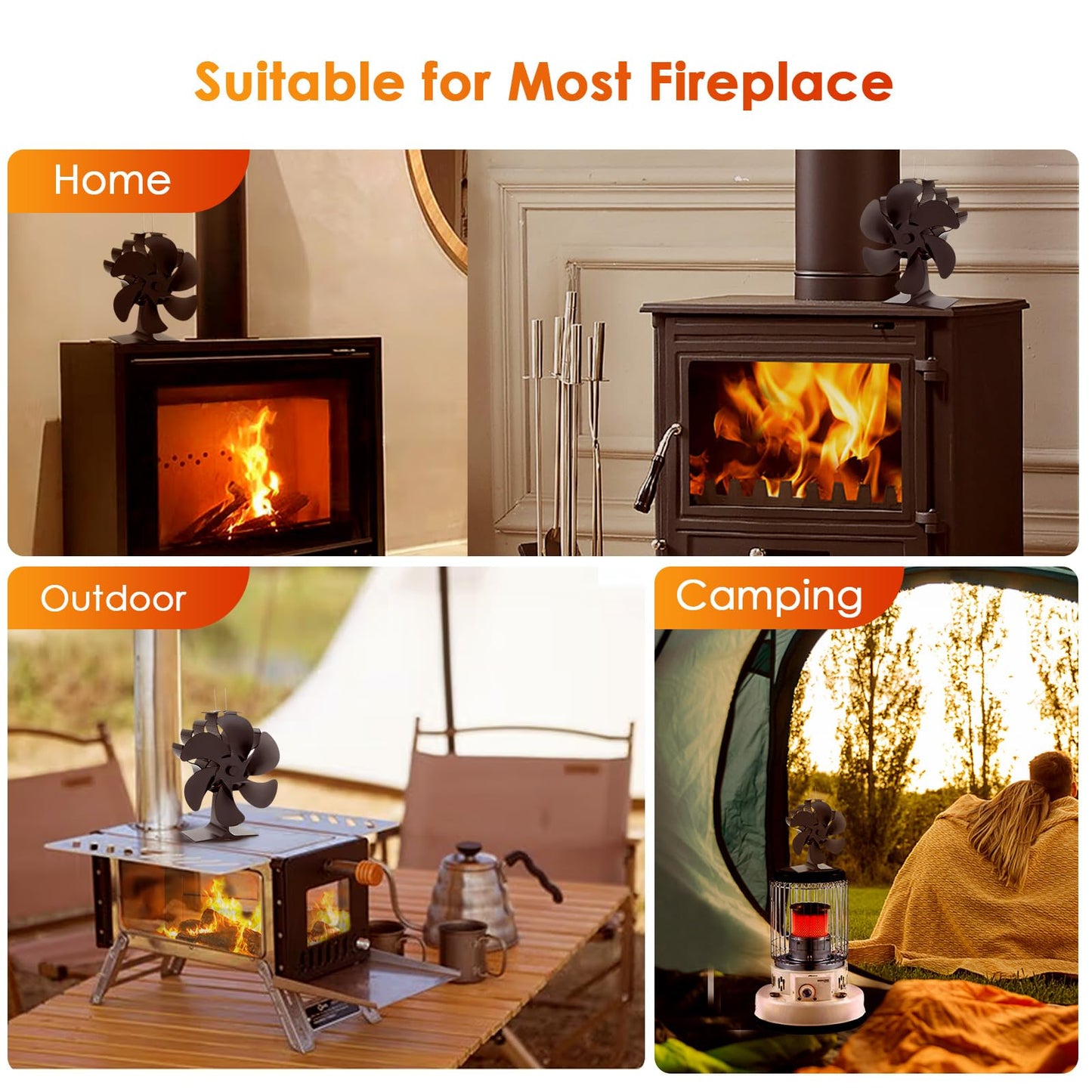 JossaColar Wood Stove Fan Heat Powered Fireplace Fan Non Electric, Thermal Fan for Wood Burning Stove/Pellet/Log Burner, w/Stove Accessories Thermometer