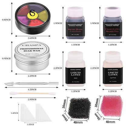 CHASPA Halloween Liquid Latex Special Effects SFX Makeup Kit - Scar Wax + 2 Btl Liquid Latex + 2 Btl Fake Blood + Spatula Tool + 2Pcs Stipple Sponge + 4Pcs Makeup Sponges + Cotton Swabs