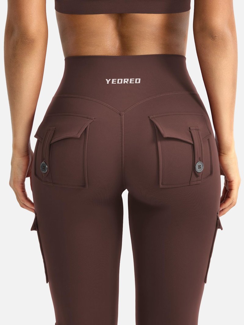 YEOREO CoreFlex Women Workout Flare Leggings with Pockets Hidden Scrunch Cargo Gym Yoga No Front Seam Leggings Chocolate S